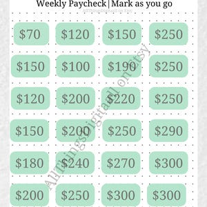 May include: A printable financial goal tracker with the text "$5,000 IN 6 MONTHS" and "Weekly Paycheck | Mark as you go." The tracker features a grid of boxes with dollar amounts, designed for marking progress.