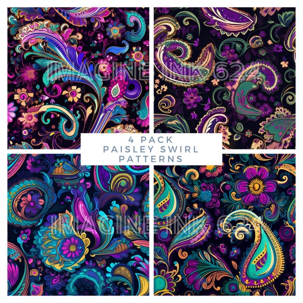 Paisley Swirl | Purple Greens Blue Pinks | 4 Pack Seamless Digital Paper | Scrapbooking | Craft Supplies | Patterns