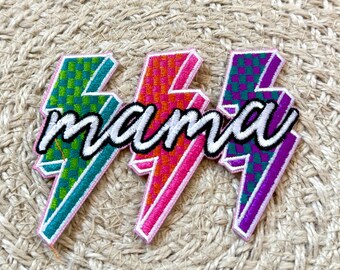 trucker hat patches, mama lightning, mama neon, embroidery patch, iron on, patches for bag, patches for clothes