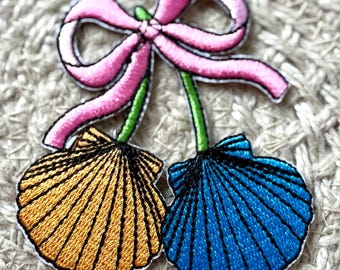 Bow trucker hat patches, cherry shells  bow, embroidery patch, iron on, sew on, patches for bag, patches for clothes, filler patches
