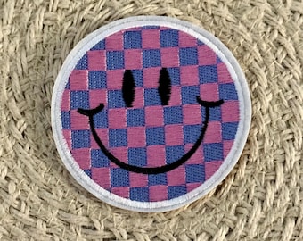 Trucker hat patches, smiley face, checkered, embroidery patch, iron on, sew on, patches for bag, patches for clothes