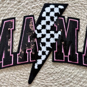 Tshirt patches, sequined mama, lightning bolt mama, embroidery patch, iron on, sew on, patches for bag, patches for clothes