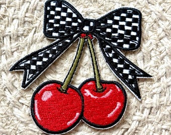 Bow trucker hat patches, cherry checkered  bow, embroidery patch, iron on, sew on, patches for bag, patches for clothes, filler patches