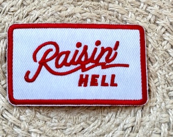 Westerse truckerhoedpatches, raisin' hell, borduurpatch, opstrijkbaar, naai, patches voor tas, patches voor kleding