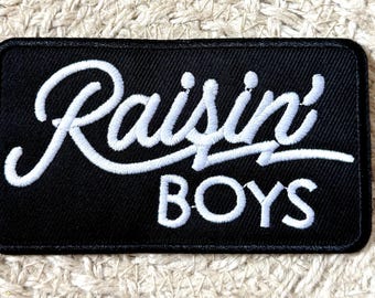 trucker hat patches, raisin’ boys, boy mama, embroidery patch, iron on, sew on, patches for bag, patches for clothes