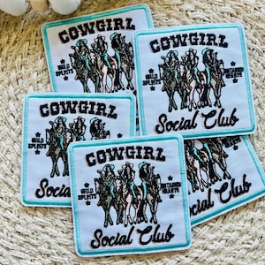 Trucker Cap Aufnäher, Cowgirl Social Club, Bügelbild, Aufnäher zum aufbügeln, aufnähen, blau und weiß
