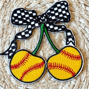 Cherry trucker hat patches, softball cherry bow, embroidery patch, iron on, sew on, patches for bag, patches for clothes, filler patches