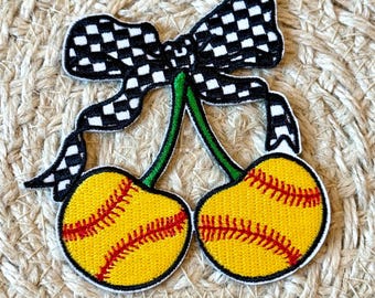 Cherry trucker hat patches, softball cherry bow, embroidery patch, iron on, sew on, patches for bag, patches for clothes, filler patches