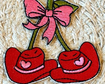 Bow trucker hat patches, cherry cowboy hat bow, embroidery patch, iron on, sew on, patches for bag, patches for clothes, filler patches