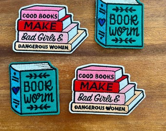 trucker hat patches, good books make bad girls, book worm, reading, embroidery patch, iron on, sew on, patches for bag, patches for clothes
