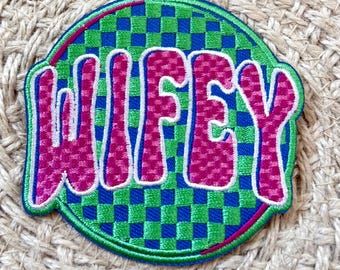 trucker hat patches, wifey, checkered, embroidery patch, iron on, sew on, patches for bag, patches for clothes
