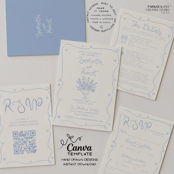 Whimsical Wedding Invitation Suite Template | Hand Drawn Floral Design | Editable Canva Template (Digital Download)