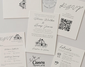 Rustic Barn Wedding Invitation Suite | Hand Drawn Editable Canva Template (Digital Download)