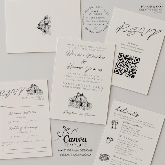 Rustic Barn Wedding Invitation Suite | Hand Drawn Editable Canva Template (Digital Download)