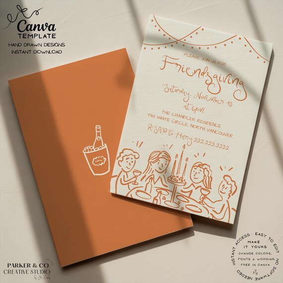 Editable Friendsgiving Invitation | Hand Drawn Thanksgiving Table Scene Design | Canva Template (Digital Download)