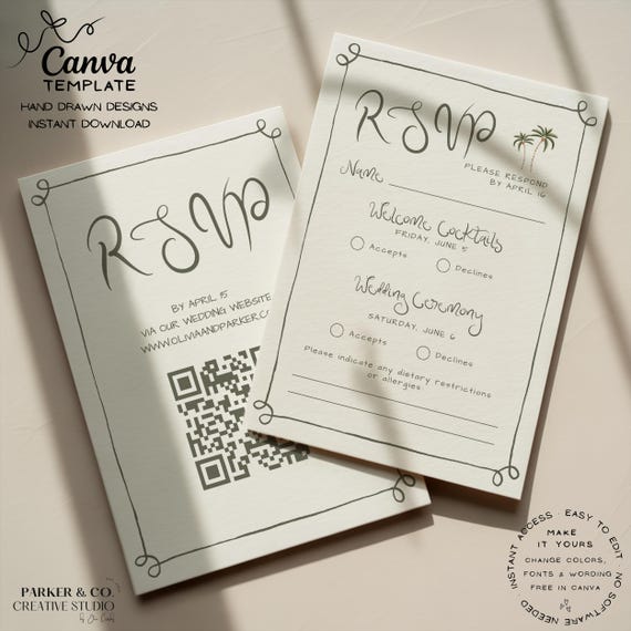 Editable Wedding RSVP Cards | Hand Drawn Coastal Design | Canva Template (Digital Download)