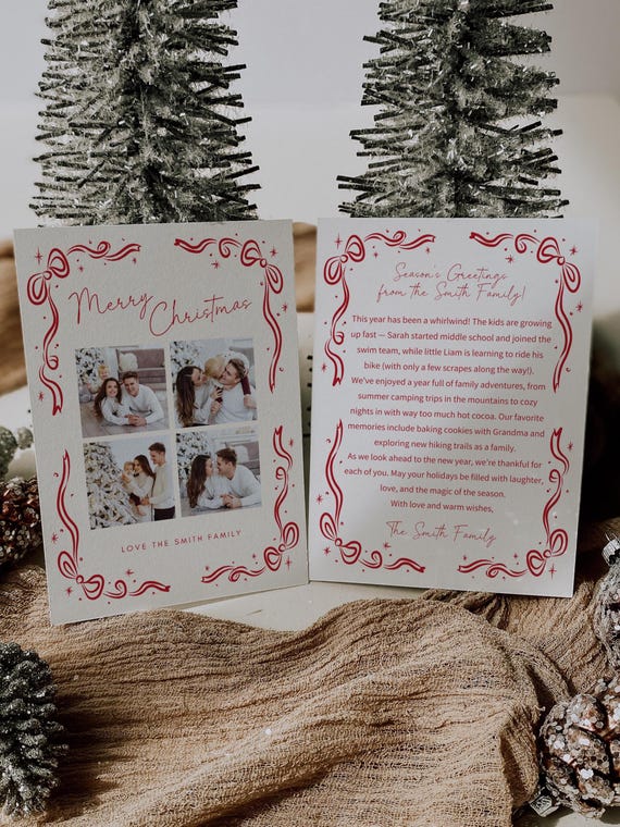 Editable Holiday Photo Card | Hand Drawn Christmas Bow Design | Canva Template (Digital Download)
