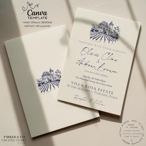 Vineyard Wedding Invitation | Elegant Hand Drawn Villa Design | Editable Canva Template (Digital Download)