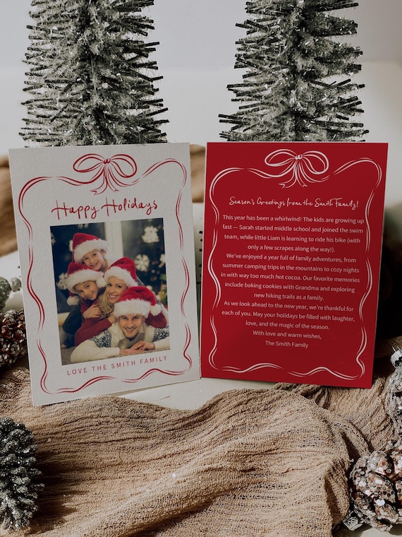 Editable Holiday Photo Card | Hand Drawn Christmas Bow Design | Canva Template (Digital Download)