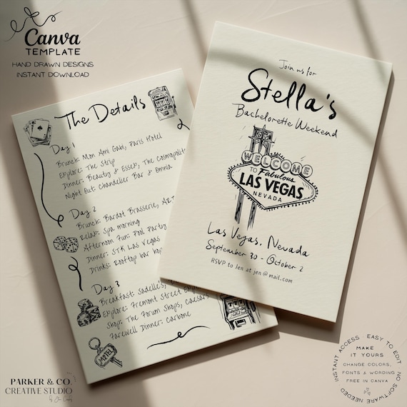 Editable Las Vegas Bachelor & Bachelorette Invitation | Weekend Itinerary Details Card | Canva Template (Digital Download)