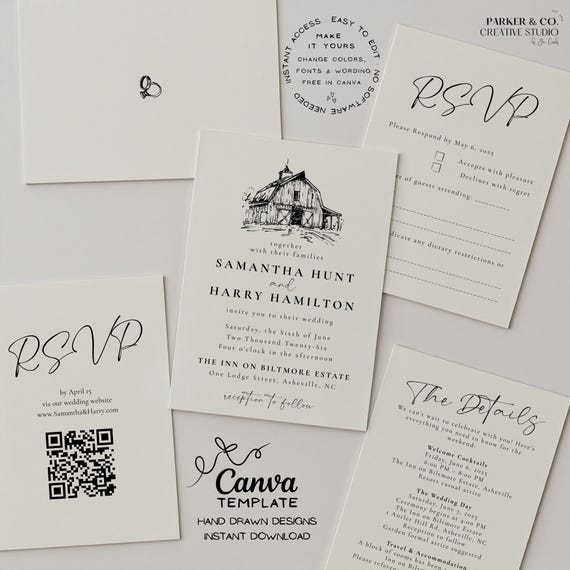 Rustic Barn Wedding Invitation Suite | Hand Drawn Editable Canva Template (Digital Download)