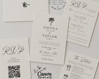 May include: A collection of white wedding stationery with black text. The invitation features the names Sienna Walker & Taylor James, with RSVP and details cards. A palm tree graphic is present on the invitation and envelope.