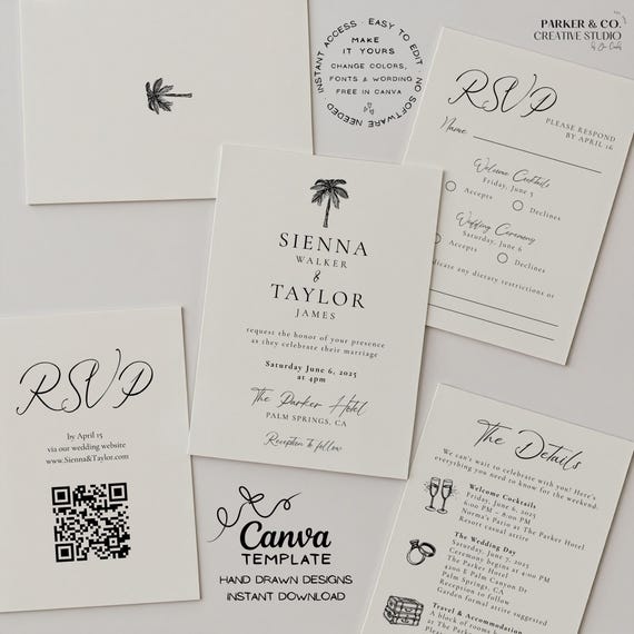 Coastal Wedding Invitation Suite | Hand Drawn Palm Tree Design | Editable Canva Template (Digital Download)