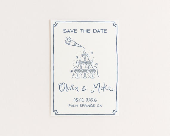 Editable Save the Date | Hand Drawn Whimsical Champagne Tower Design | Canva Template (Digital Download)