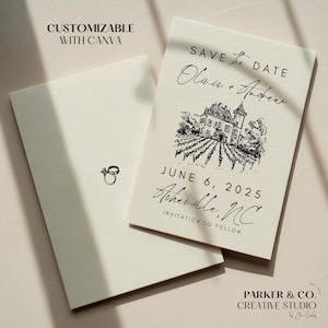 Bearbeitbar Speichern Sie das Datum | Hand gezeichnetes italienisches Weinberg-Villa-Design | Canva Vorlage (Digitaler Download)
