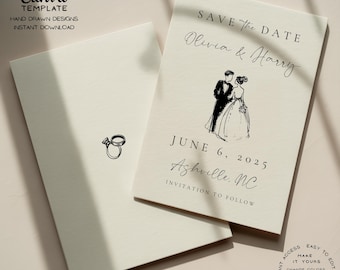 May include: Cream-colored wedding save-the-date cards. One card features a sketch of a bride and groom, the date June 6, 2025, and the location Asheville, NC. The other card has a sketch of a diamond ring.