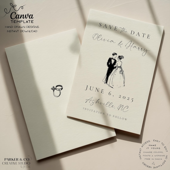 Editable Save the Date | Hand Drawn Bride & Groom Design | Canva Template (Digital Download)