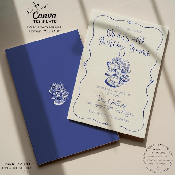 Editable Brunch Party Birthday Invitation | Hand Drawn Breakfast Design | Canva Template (Digital Download)