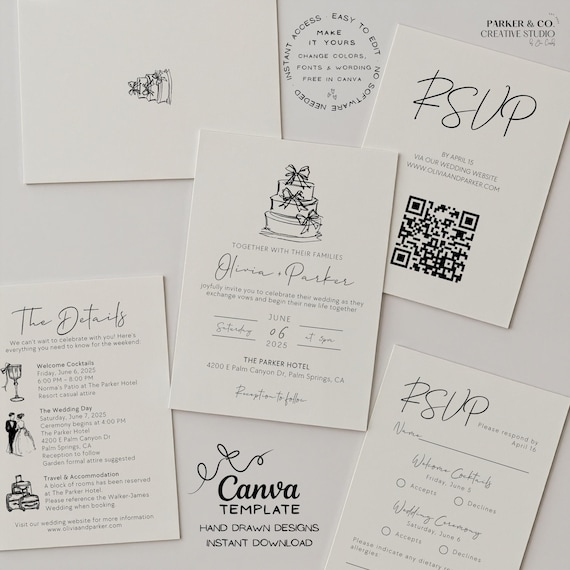 Editable Elegant Wedding Invitation Suite | Hand Drawn Wedding Cake Illustration | Canva Template (Digital Download)