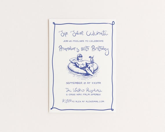 Editable Pool Party Invitation | Hand Drawn Man on Pool Float | Canva Template (Digital Download)