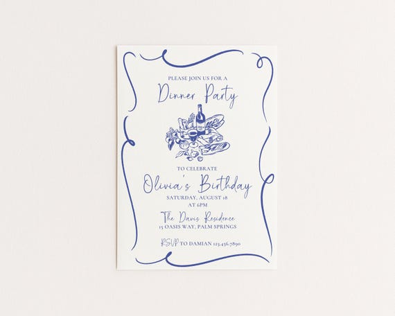 Editable Dinner Party Birthday Invitation | Hand Drawn Food & Wine Design | Canva Template (Digital Download)
