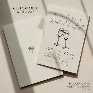 Editable Save the Date Template | Champagne Toast Canva Design | Printable Digital Download | Elegant Wedding Announcement