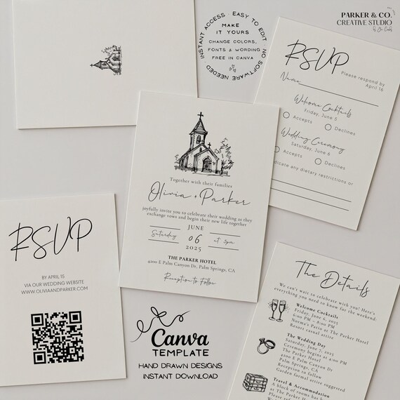 Editable Elegant Church Wedding Invitation Suite | Hand Drawn Chapel Illustration | Canva Template (Digital Download)