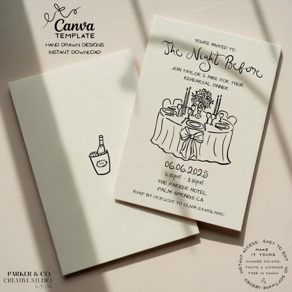 Editable Rehearsal Dinner Invitation | Whimsical Hand Drawn Table Scene Design | Canva Template (Digital Download)