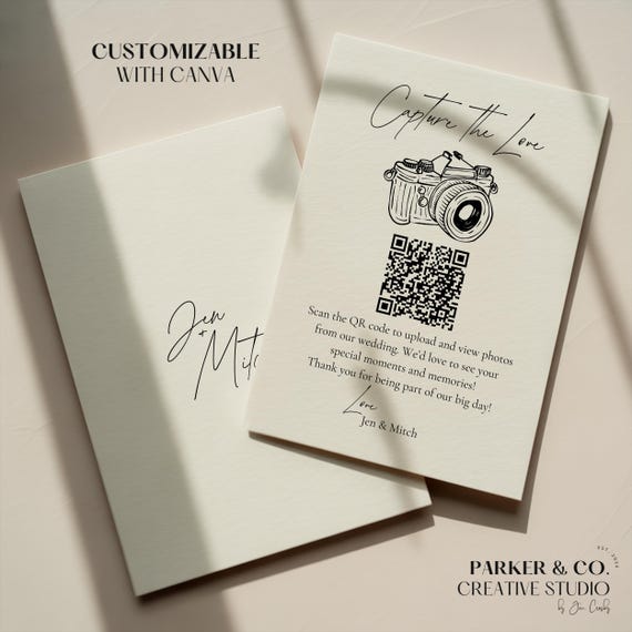 Editable Wedding Photo Sharing Card | Editable QR Code & Camera Design | Canva Template (Digital Download)