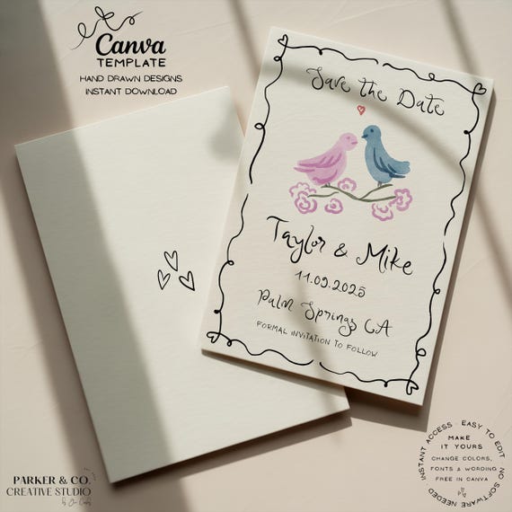 Editable Save the Date | Hand Drawn Lovebirds Design | Canva Template (Digital Download)