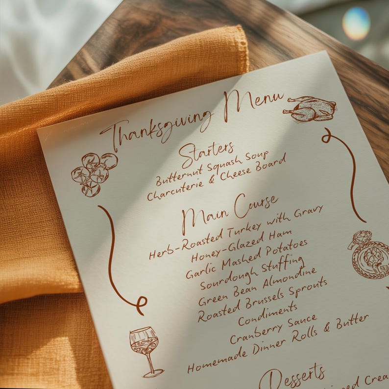 May include: A Thanksgiving menu printed on cream-colored paper with brown ink. The menu includes starters, main courses like herb-roasted turkey, and desserts. The menu is decorated with illustrations of a turkey, grapes, and a wine glass.
