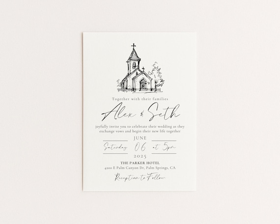 Wedding Invitation Template | Hand Drawn Church Design | Editable Canva Template (Digital Download)