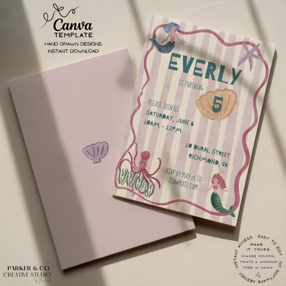 Editable Kids' Birthday Party Invitation | Under the Sea Mermaid Design | Canva Template (Digital Download)