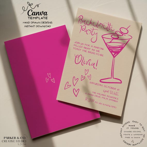 Editable Bachelorette Party Invitation | Martini Theme Canva Template | Hen Party Cocktail Invite (Digital Download)