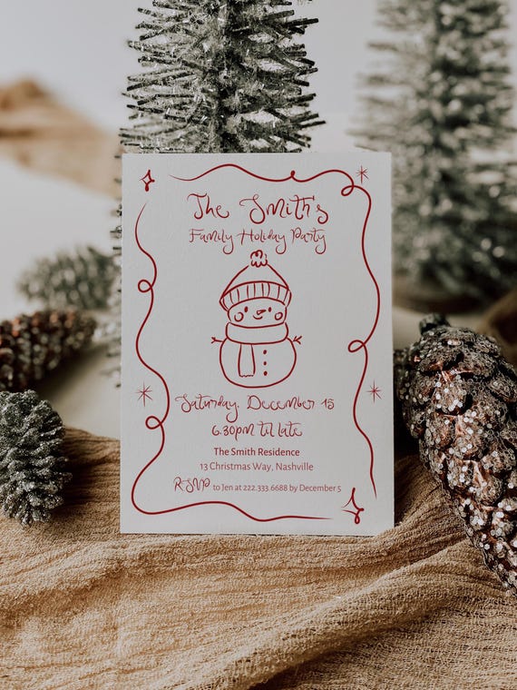 Editable Family Christmas Party Invitation | Festive Snowman & Santa Design | Canva Template (Digital Download)