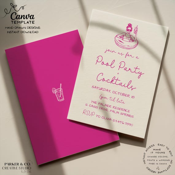Editable Pool Party Invitation | Hand Drawn Pool Float Girl Design | Canva Template (Digital Download)