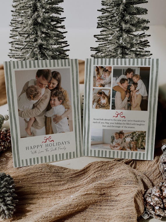 Editable Holiday Photo Card | Festive Watercolor Border Design with Bow | Canva Template (Digital Download)