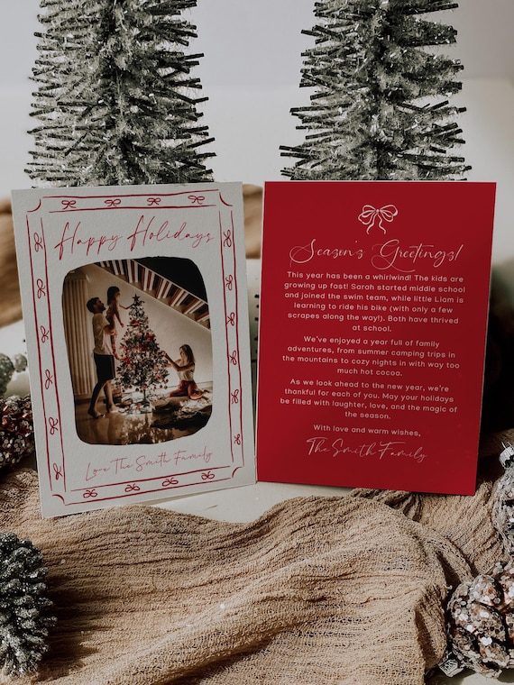 Editable Holiday Photo Card | Hand Drawn Christmas Bow Border Design | Canva Template (Digital Download)