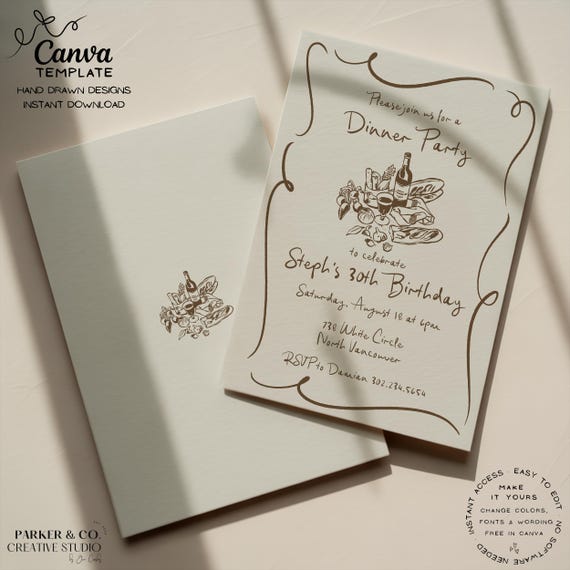 Editable Dinner Party Invitation | Hand Drawn Food & Wine Design | Canva Template (Digital Download)