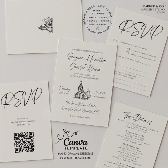 Classic Church Wedding Invitation Suite | Hand Drawn Church Design | Editable Canva Template (Digital Download)